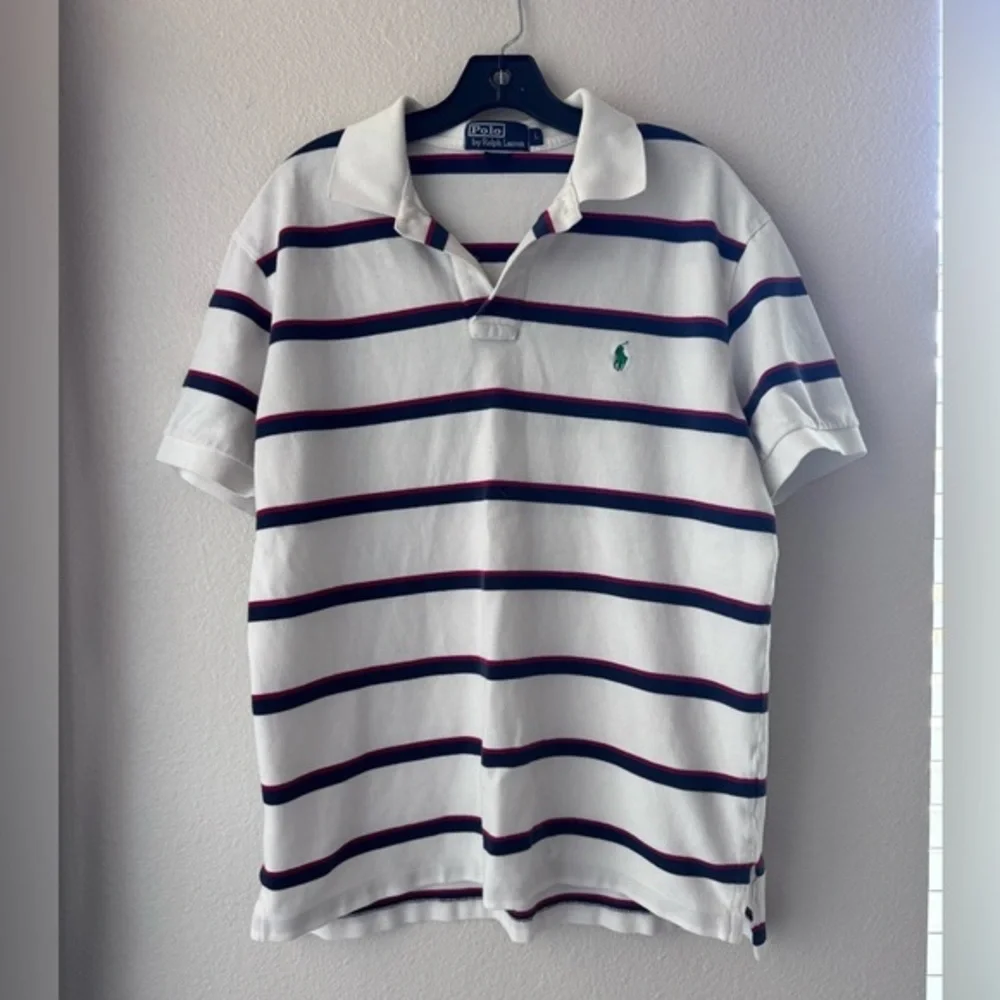 Ralph Lauren White Polo with Navy and Red Stripes Large